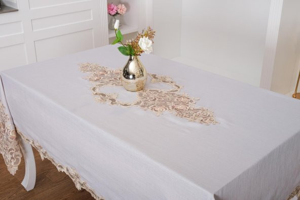 Finezza Henna Güpürlü Keten Gri Sofra Takımı 8 kişilik 160x230 cm 17 Prç. - 1148 - 4