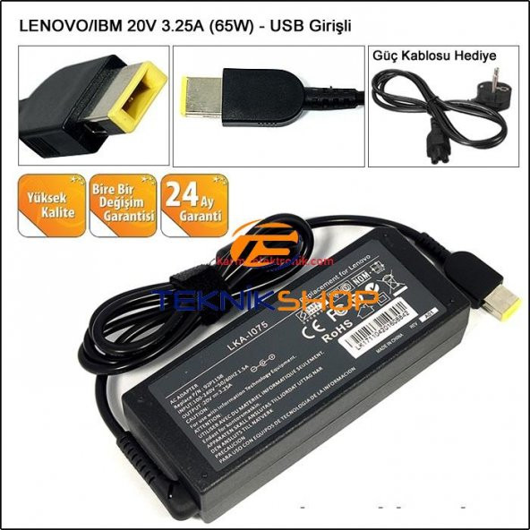 Lenovo B5045, B50-45, B5070, B50-70 Notebook Adaptörü (65W) Şarj Cihazı USB Tip - 2