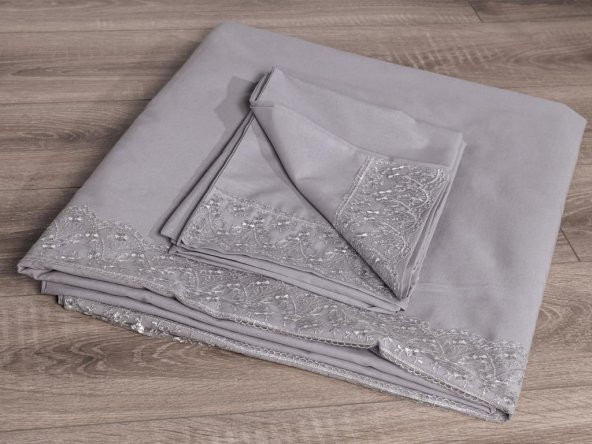 Fransız Dantelli Patya Çeyizlik Nevresim Takımı Gri - 4