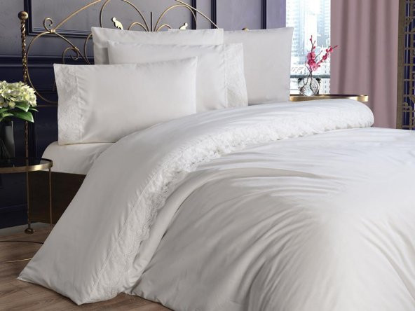 Fransız Dantelli Elani Çeyizlik Nevresim Takımı Krem ürün görseli