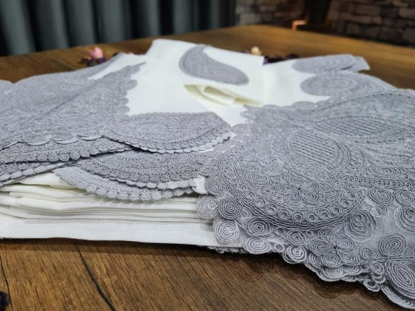 26 Parça Keten Zambak Masa Örtüsü Takımı Krem Gri - 3