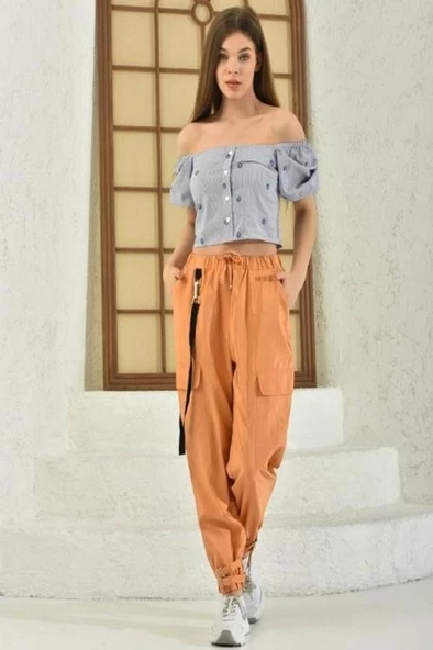 Belden Lastikli Cepli ve Bağcıklı Turuncu Kadın Kargo Pantolon - 2