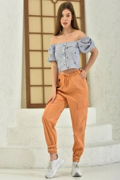 Belden Lastikli Cepli ve Bağcıklı Turuncu Kadın Kargo Pantolon - 3
