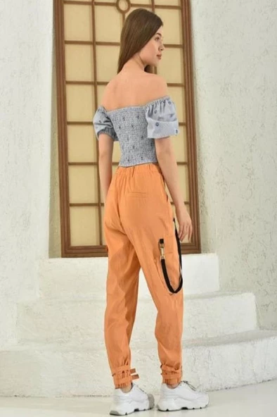Belden Lastikli Cepli ve Bağcıklı Turuncu Kadın Kargo Pantolon - 5
