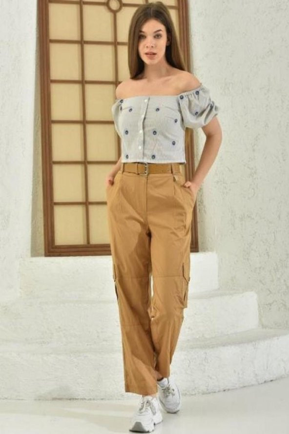 Kemerli Yandan Cepli Kahverengi Kargo Kadın Pantolon - 2