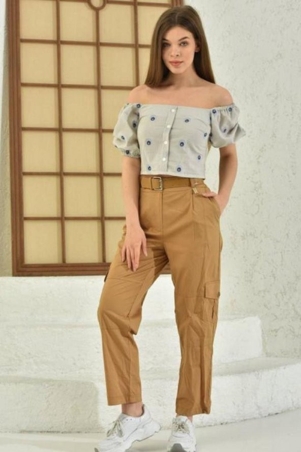 Kemerli Yandan Cepli Kahverengi Kargo Kadın Pantolon - 3