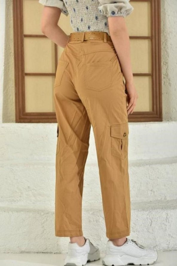 Kemerli Yandan Cepli Kahverengi Kargo Kadın Pantolon - 5