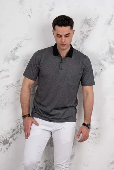 POLO YAKA CEPLİ KLASİK KESİM DESENLİ ERKEK T-SHİRT - 5