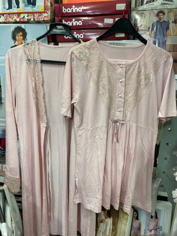 NEHİR 2036  Pudra Hamile Lohusa 3Lü Pijama Sabahlık Takım - 2