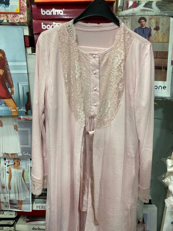 NEHİR 2036  Pudra Hamile Lohusa 3Lü Pijama Sabahlık Takım - 3