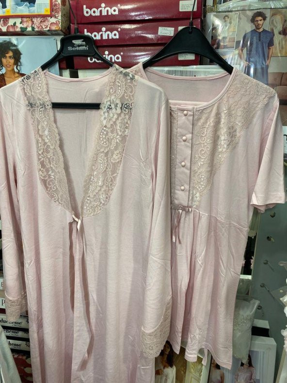 NEHİR 2036  Pudra Hamile Lohusa 3Lü Pijama Sabahlık Takım - 4