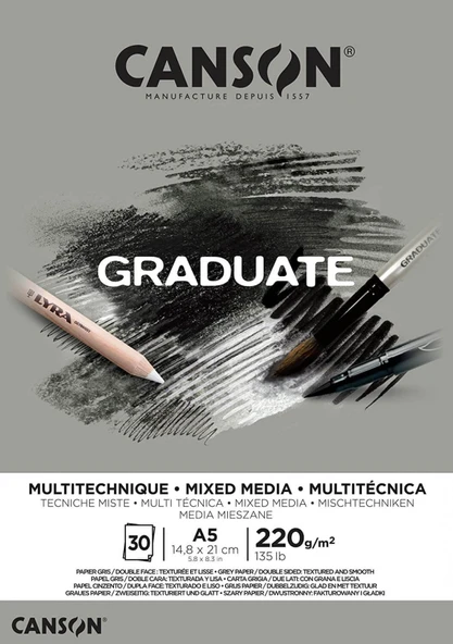 Canson Graduate Mix Media GREY A4 220gr 30 yp Çok Amaçlı Resim Blok