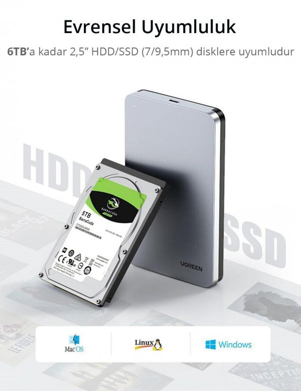 Ugreen USB Type-C 3.1 Gen2 2.5 Inch HDD SSD Alüminyum Harici Disk Kutusu - 2