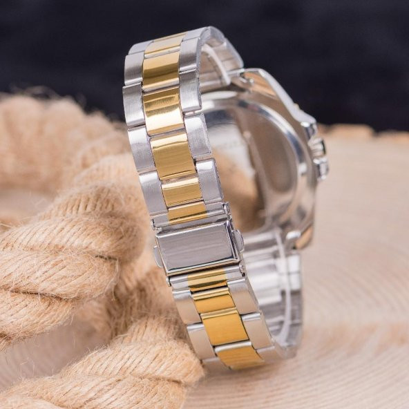 Takvimli Gümüş Gold Çelik Kordonlu Siyah Kadranlı Unisex Kol Saat ST-303989 - 2