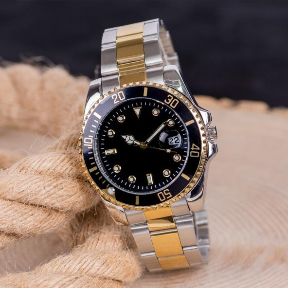 Takvimli Gümüş Gold Çelik Kordonlu Siyah Kadranlı Unisex Kol Saat ST-303989 - 3