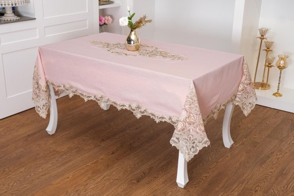 Finezza Henna Güpürlü Keten Pudra Sofra Takımı 8 kişilik 160x230cm 17Prç. - 1149 - 2