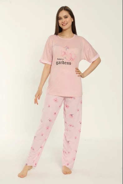 Estiva 22153 Kadın Çiçek Desenli Viskon Kısa Kollu Büyük Beden Pijama Takımı