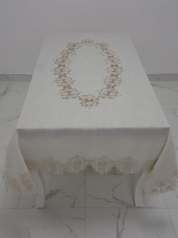 Finezza Nihal Lüx Dantelli Simli Keten Kumaş Bej Masa Örtüsü 160x230 cm - 1150 - 2