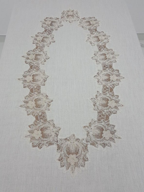 Finezza Nihal Lüx Dantelli Simli Keten Kumaş Bej Masa Örtüsü 160x230 cm - 1150 - 3