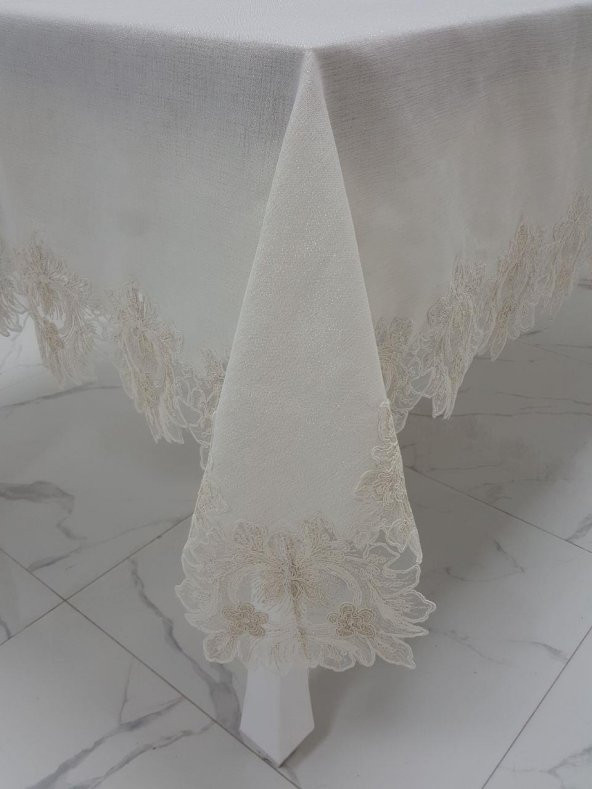 Finezza Nihal Lüx Dantelli Simli Keten Kumaş Bej Masa Örtüsü 160x230 cm - 1150 - 4