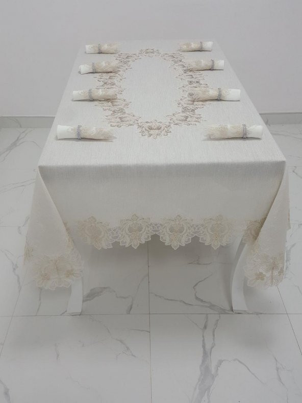 Finezza Nihal Güpürlü Keten Bej Sofra Takımı 8 kişilik 160x230 cm 17 Prç. - 1153 - 4