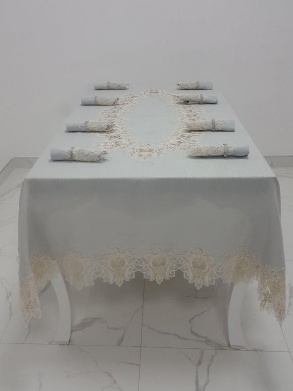 Finezza Nihal Güpürlü Keten Gri Sofra Takımı 8 kişilik 160x230 cm 17 Prç. - 1154 - 2