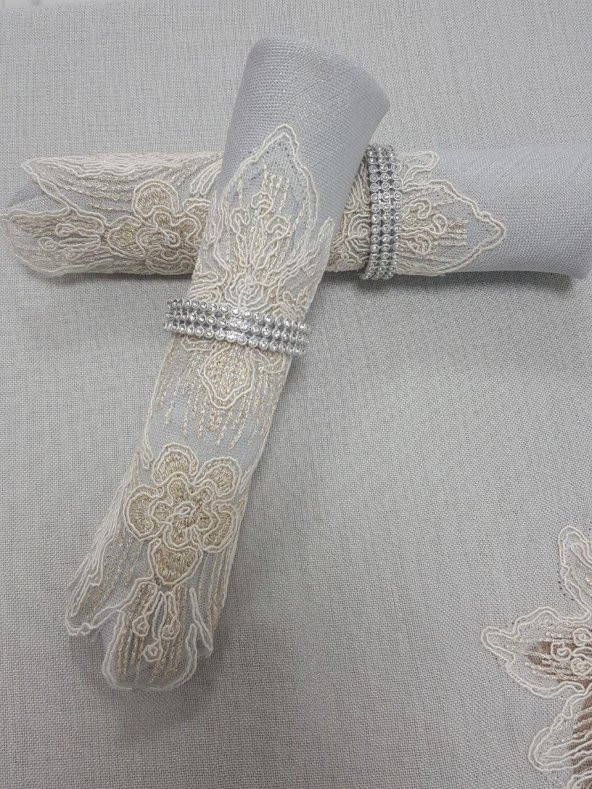 Finezza Nihal Güpürlü Keten Gri Sofra Takımı 8 kişilik 160x230 cm 17 Prç. - 1154 - 3