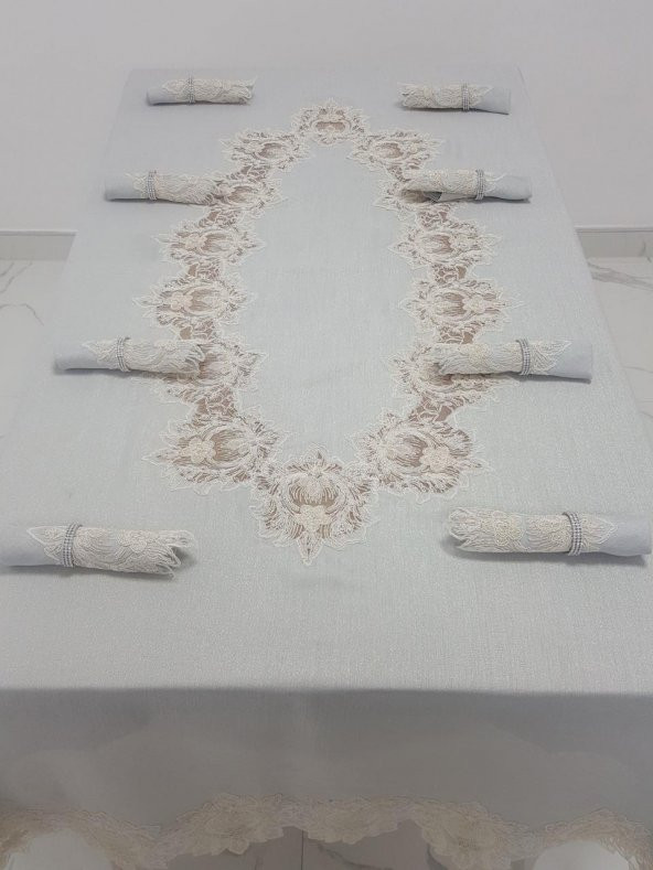 Finezza Nihal Güpürlü Keten Gri Sofra Takımı 8 kişilik 160x230 cm 17 Prç. - 1154 - 4