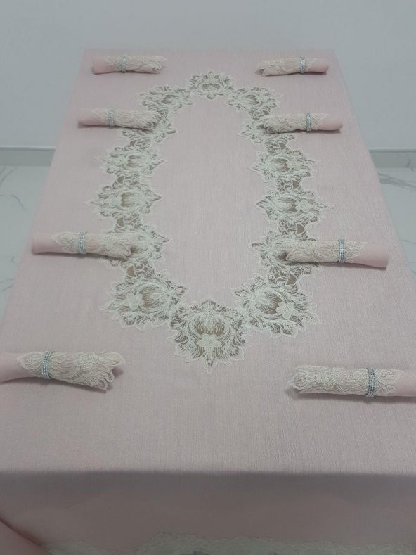 Finezza Nihal Güpürlü Keten Pudra Sofra Takımı 8 kişilik 160x230cm 17Prç. - 1155 - 4