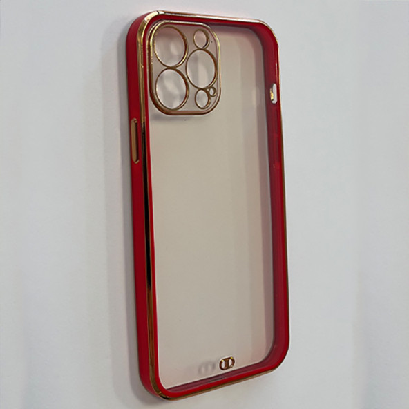 EWP Iphone 13 Pro Max uyumlu Kılıf Kamera Çıkıntılı Parlak Gold Kırmızı Çerçeveli Şeffaf Sert Silikon 13XPBOSF9
