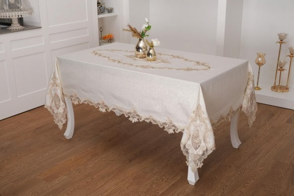 Finezza Perla Lüx Dantelli Simli Keten Kumaş Bej Masa Örtüsü 160x230 cm - 1156