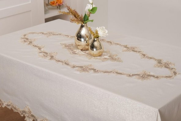 Finezza Perla Lüx Dantelli Simli Keten Kumaş Bej Masa Örtüsü 160x230 cm - 1156 - 2