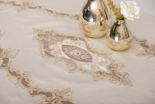 Finezza Perla Lüx Dantelli Simli Keten Kumaş Bej Masa Örtüsü 160x230 cm - 1156 - 3