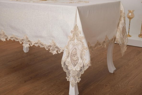 Finezza Perla Lüx Dantelli Simli Keten Kumaş Bej Masa Örtüsü 160x230 cm - 1156 - 4