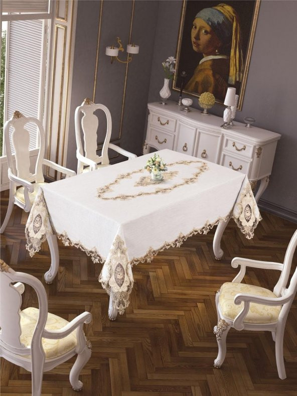 Finezza Perla Lüx Dantelli Simli Keten Kumaş Krem Masa Örtüsü 160x230 cm - 1158