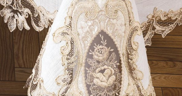 Finezza Perla Lüx Dantelli Simli Keten Kumaş Krem Masa Örtüsü 160x230 cm - 1158 - 3