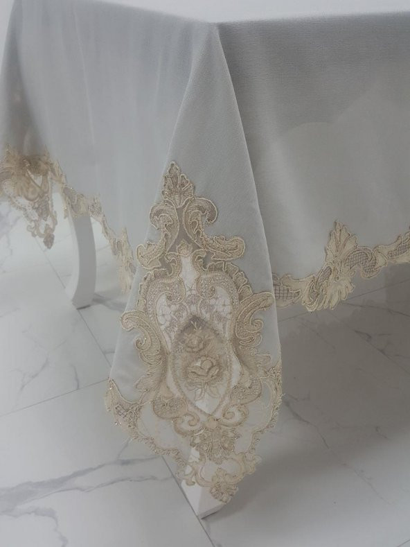 Finezza Perla Lüx Dantelli Simli Keten Kumaş Gri Masa Örtüsü 160x230 cm - 1157 - 2