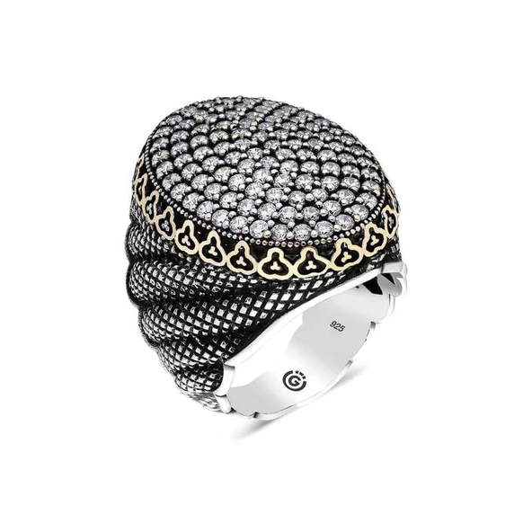 Gümüş Beyaz Zirkon Taşlı Oval Erkek Yüzük ürün görseli 1