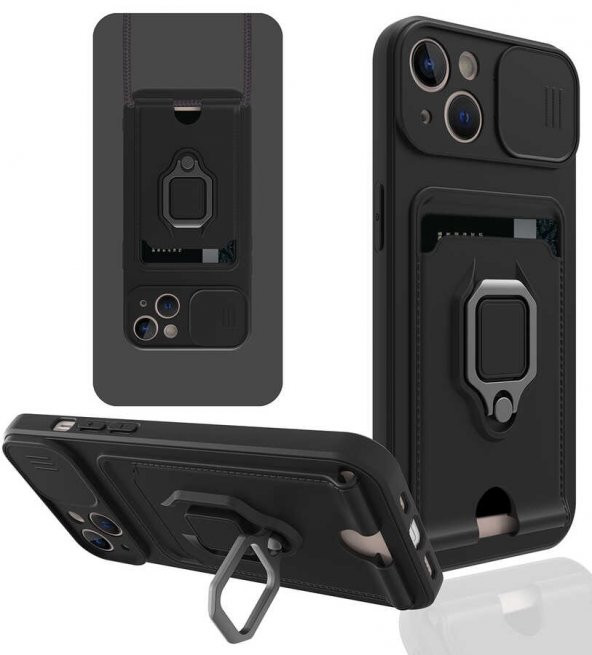 Apple iPhone 13 Kılıf Kartlıklı Kamera Korumalı Standlı Manyetik Kapak - 12