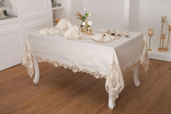Finezza Perla Güpürlü Keten Bej Sofra Takımı 8 kişilik 160x230 cm 17 Prç. - 1160