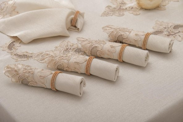Finezza Perla Güpürlü Keten Bej Sofra Takımı 8 kişilik 160x230 cm 17 Prç. - 1160 - 3
