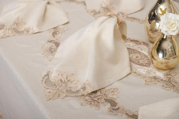 Finezza Perla Güpürlü Keten Bej Sofra Takımı 8 kişilik 160x230 cm 17 Prç. - 1160 - 4
