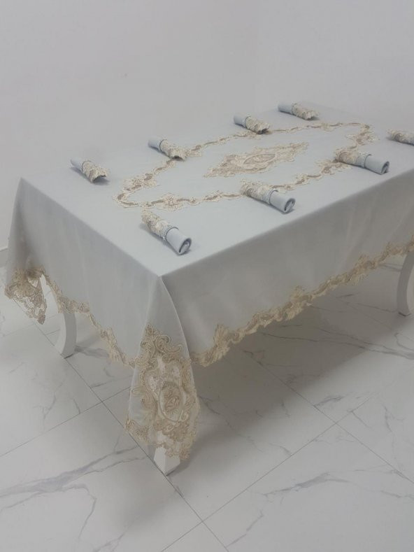 Finezza Perla Güpürlü Keten Gri Sofra Takımı 8 kişilik 160x230 cm 17 Prç. - 1161 - 5