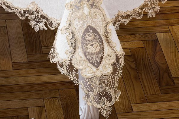 Finezza Perla Güpürlü Keten Krem Sofra Takımı 8 kişilik 160x230 cm 17Prç. - 1162 - 2