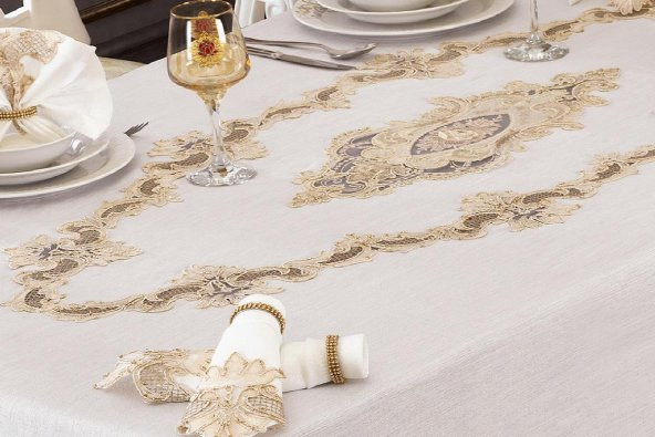 Finezza Perla Güpürlü Keten Krem Sofra Takımı 8 kişilik 160x230 cm 17Prç. - 1162 - 3