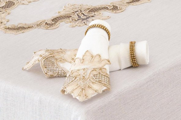 Finezza Perla Güpürlü Keten Krem Sofra Takımı 8 kişilik 160x230 cm 17Prç. - 1162 - 5