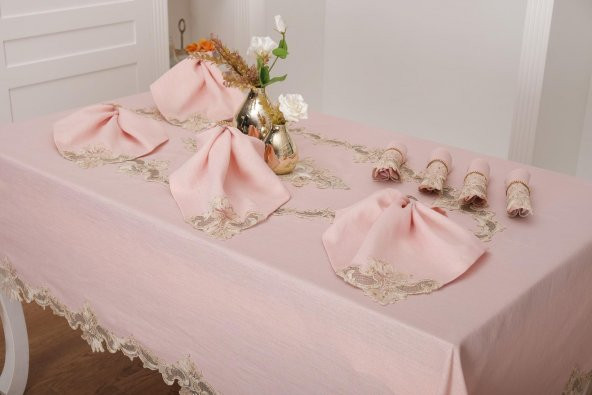 Finezza Perla Güpürlü Keten Pudra Sofra Takımı 8 kişilik 160x230cm 17Prç. - 1163 - 2