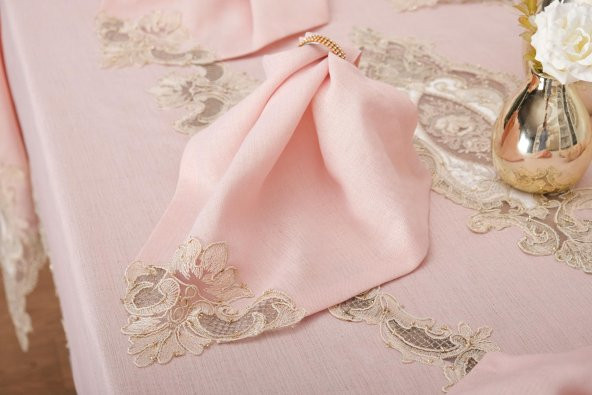 Finezza Perla Güpürlü Keten Pudra Sofra Takımı 8 kişilik 160x230cm 17Prç. - 1163 - 4