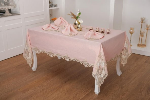 Finezza Perla Güpürlü Keten Pudra Sofra Takımı 8 kişilik 160x230cm 17Prç. - 1163