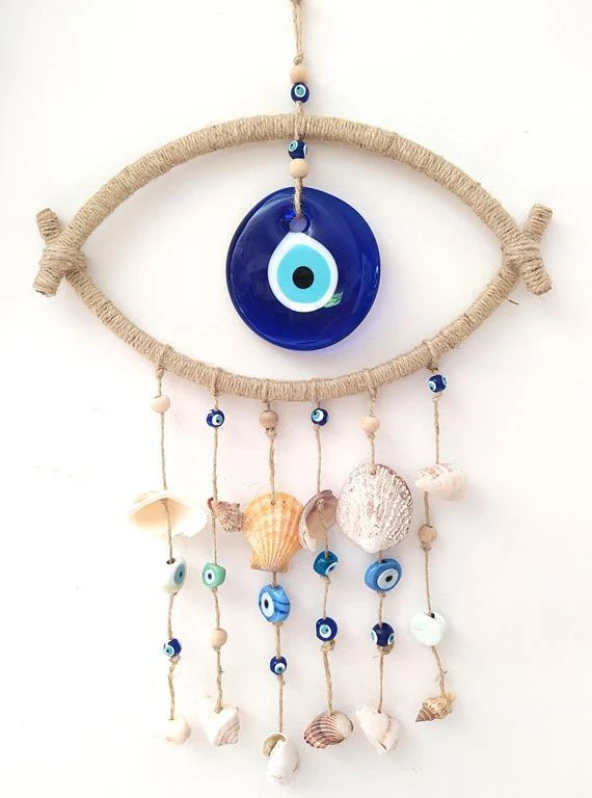 Nazar Boncuklu Hasır Deniz Kabuklu Duvar Süsü Rüzgar Çanı 11319